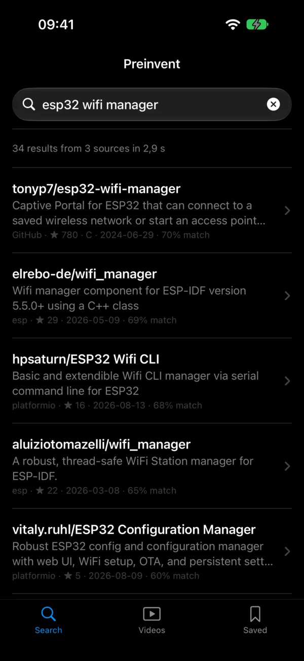 The Preinvent iPhone app after a search for esp32 wifi manager: 34 results from GitHub, the ESP Component Registry and PlatformIO, each with stars, date and match score.